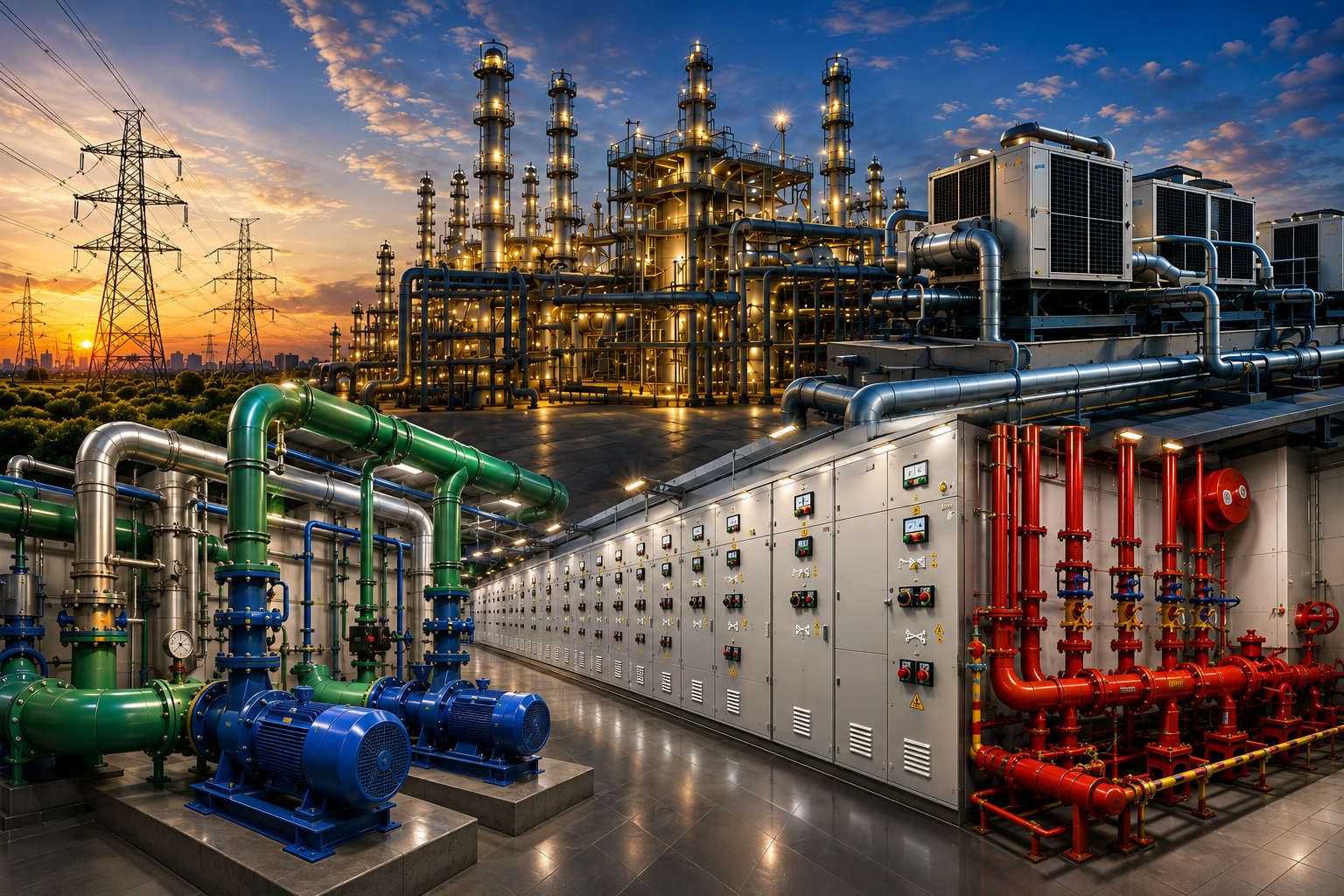 Integrated MEP installation with electrical panels, chilled water piping and fire lines